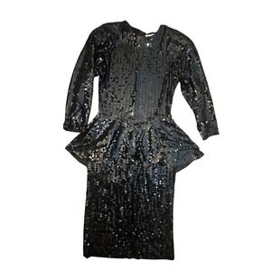 Vintage 80s Para Peplum Black Sequin Cocktail/ Holiday/Event dressSz 6